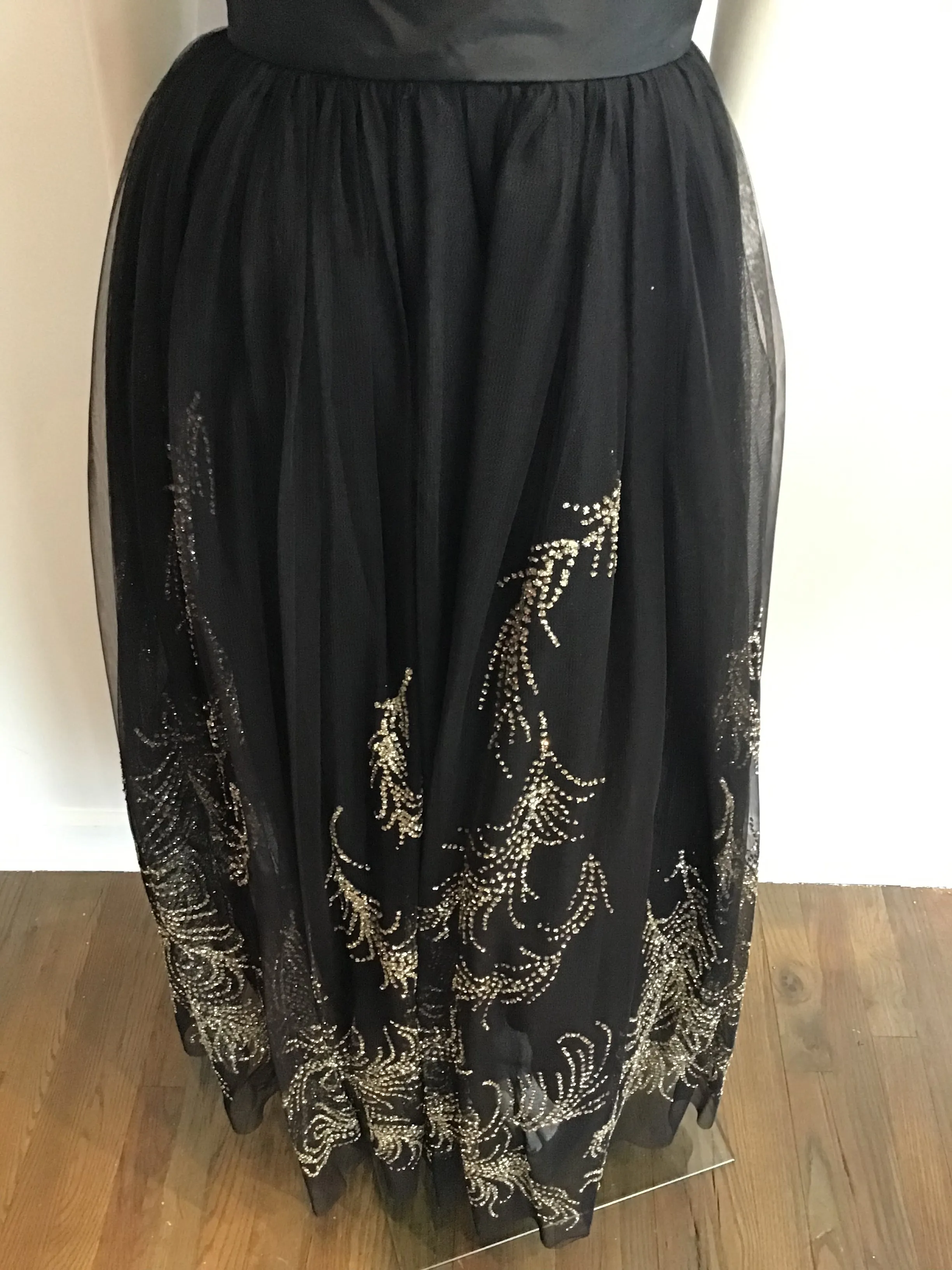 1980's Strapless Vicky Tiel Couture Black net Rhinestone and gold detailed Gown size 5/6