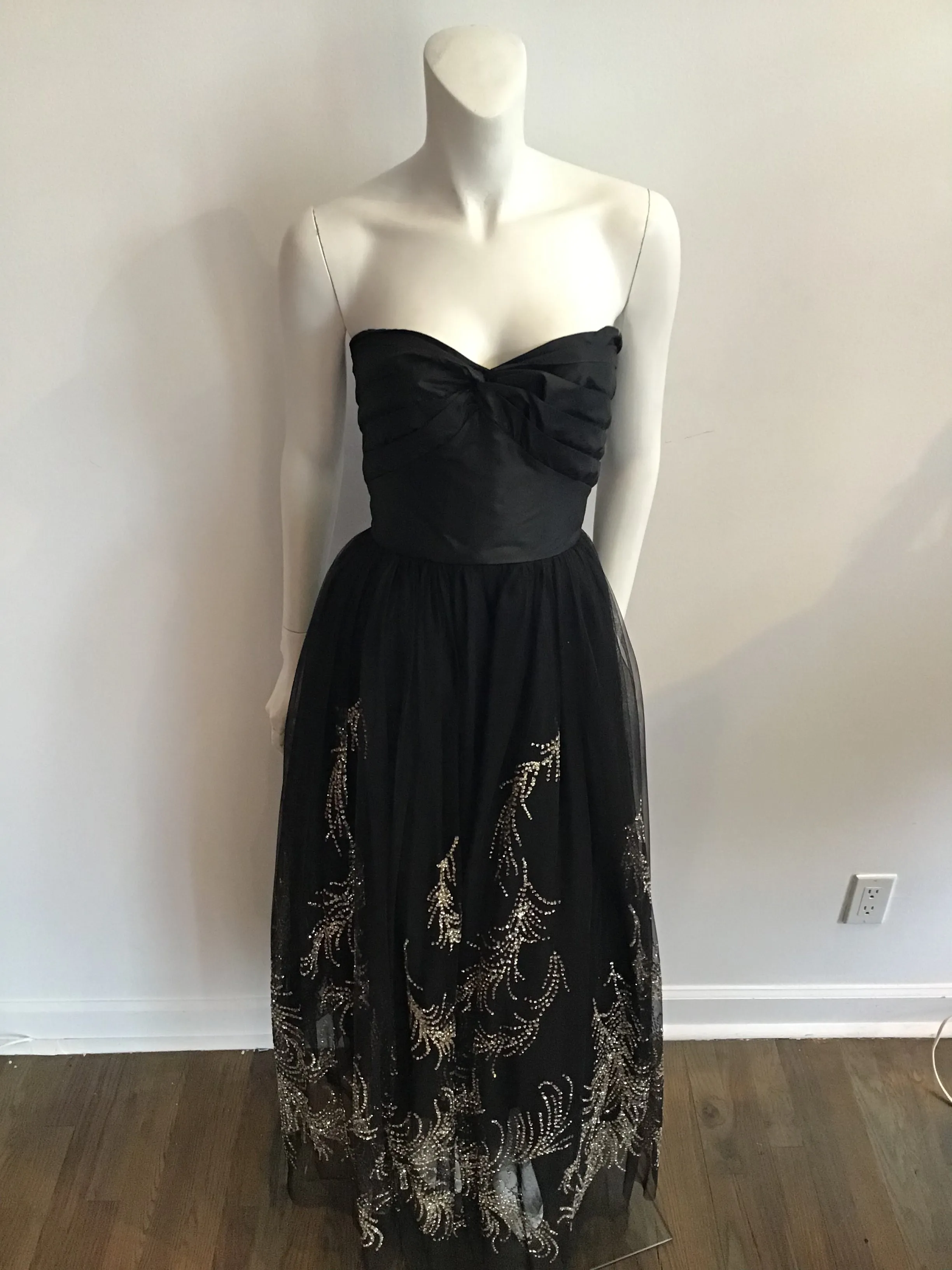 1980's Strapless Vicky Tiel Couture Black net Rhinestone and gold detailed Gown size 5/6