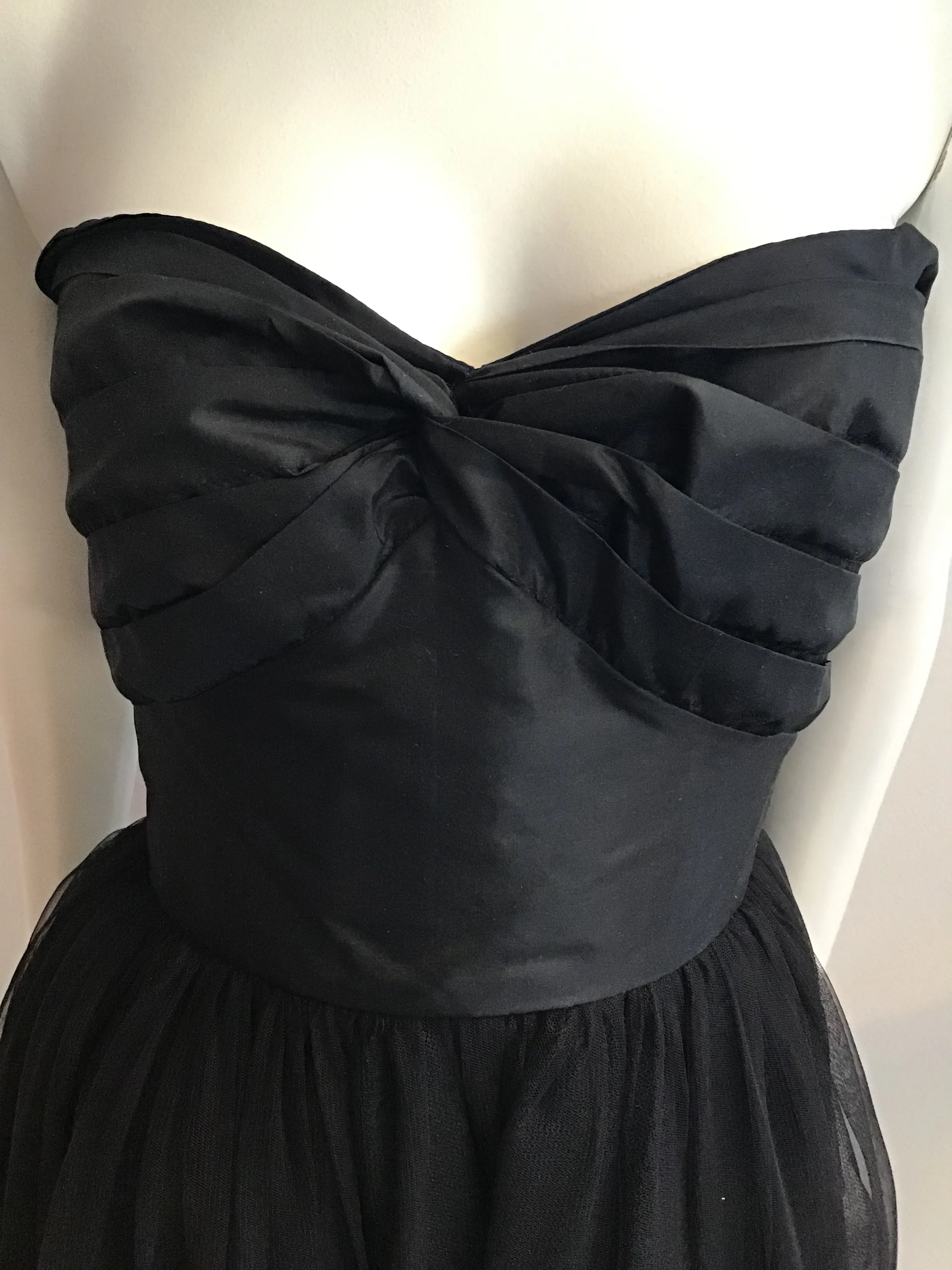 1980's Strapless Vicky Tiel Couture Black net Rhinestone and gold detailed Gown size 5/6
