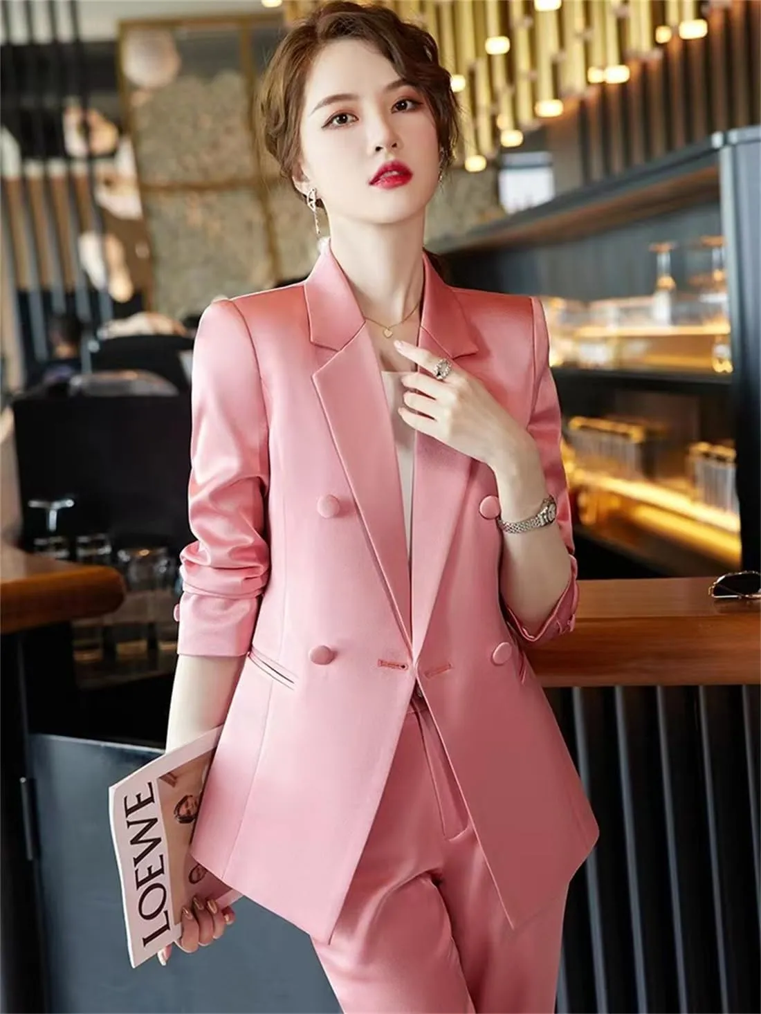 2 Piece Sets for Women Outifits Elegant Double Breasted Blazer Solid Casual Business Pant Suits