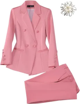 2 Piece Sets for Women Outifits Elegant Double Breasted Blazer Solid Casual Business Pant Suits