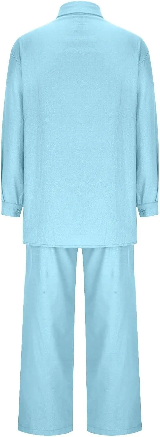 2 Piece Sets for Women Summer Long Sleeve Shirts & Wide Leg Trousers Loose Fit Dressy Cotton Linen Sets Outfits 2025