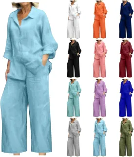 2 Piece Sets for Women Summer Long Sleeve Shirts & Wide Leg Trousers Loose Fit Dressy Cotton Linen Sets Outfits 2025