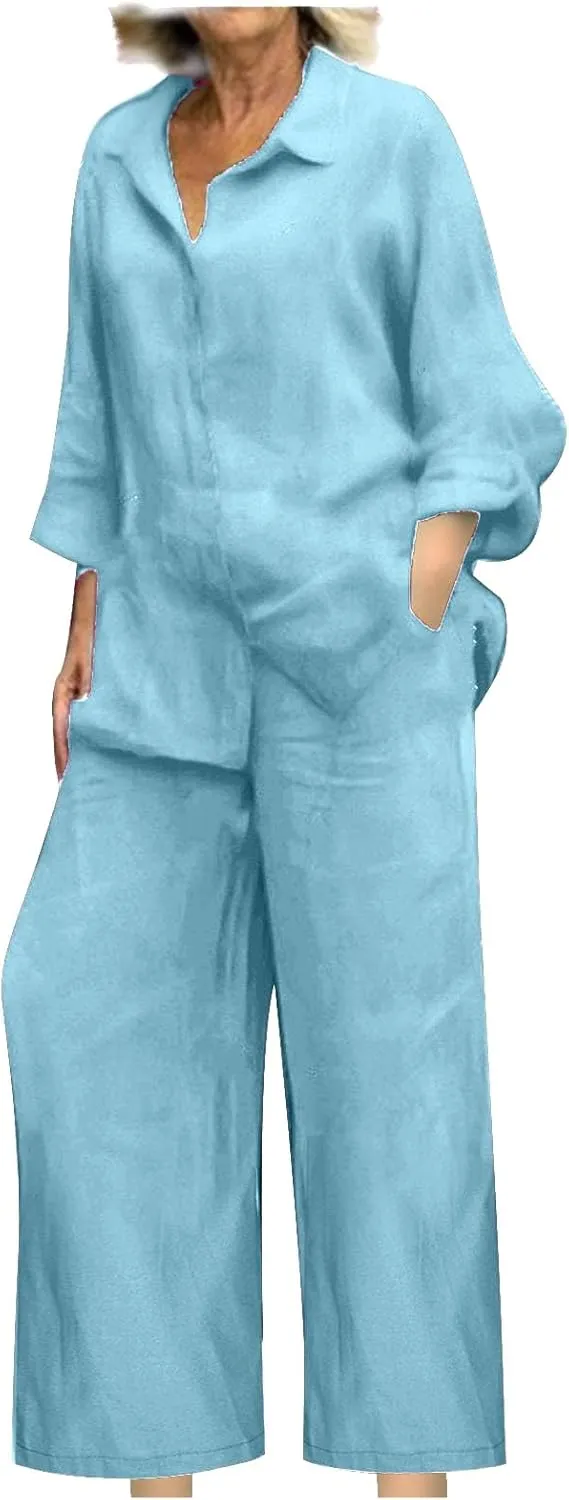 2 Piece Sets for Women Summer Long Sleeve Shirts & Wide Leg Trousers Loose Fit Dressy Cotton Linen Sets Outfits 2025