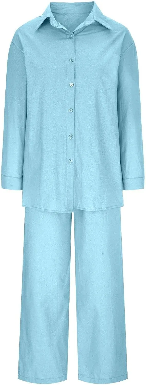 2 Piece Sets for Women Summer Long Sleeve Shirts & Wide Leg Trousers Loose Fit Dressy Cotton Linen Sets Outfits 2025