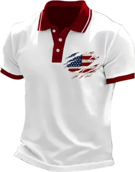 4th of July Mens Shirt USA American Flag Print Golf Tshirts Independence Day Short Sleeve Button Up Cltohes
