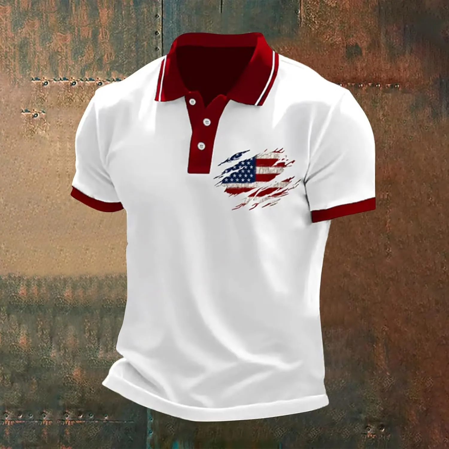 4th of July Mens Shirt USA American Flag Print Golf Tshirts Independence Day Short Sleeve Button Up Cltohes