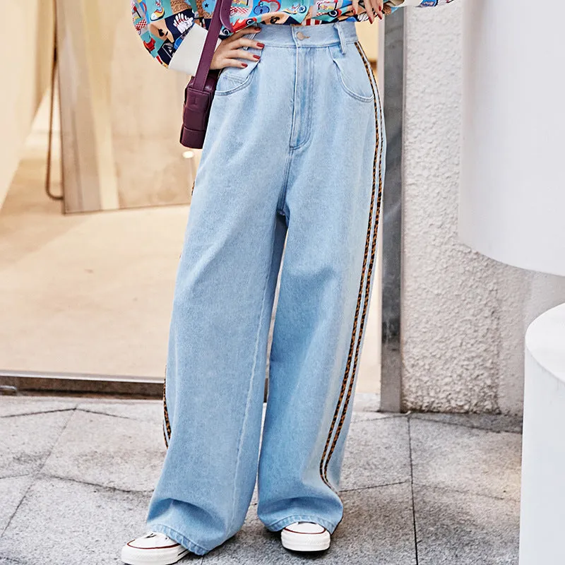 8GIRLS WIDE LEG JEANS WITH LEOPARD SIDE STRIPE