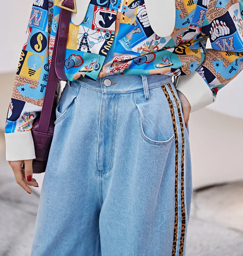 8GIRLS WIDE LEG JEANS WITH LEOPARD SIDE STRIPE