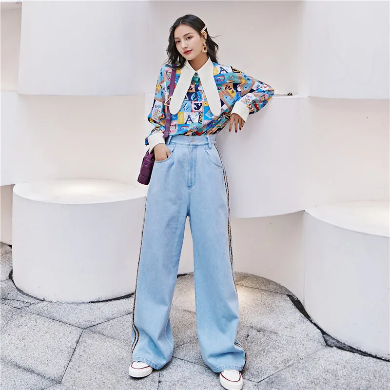 8GIRLS WIDE LEG JEANS WITH LEOPARD SIDE STRIPE