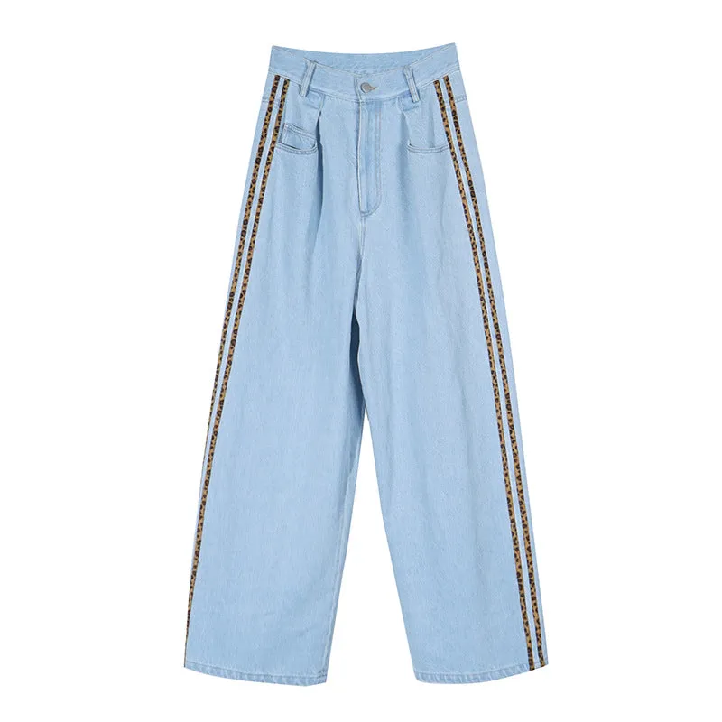 8GIRLS WIDE LEG JEANS WITH LEOPARD SIDE STRIPE