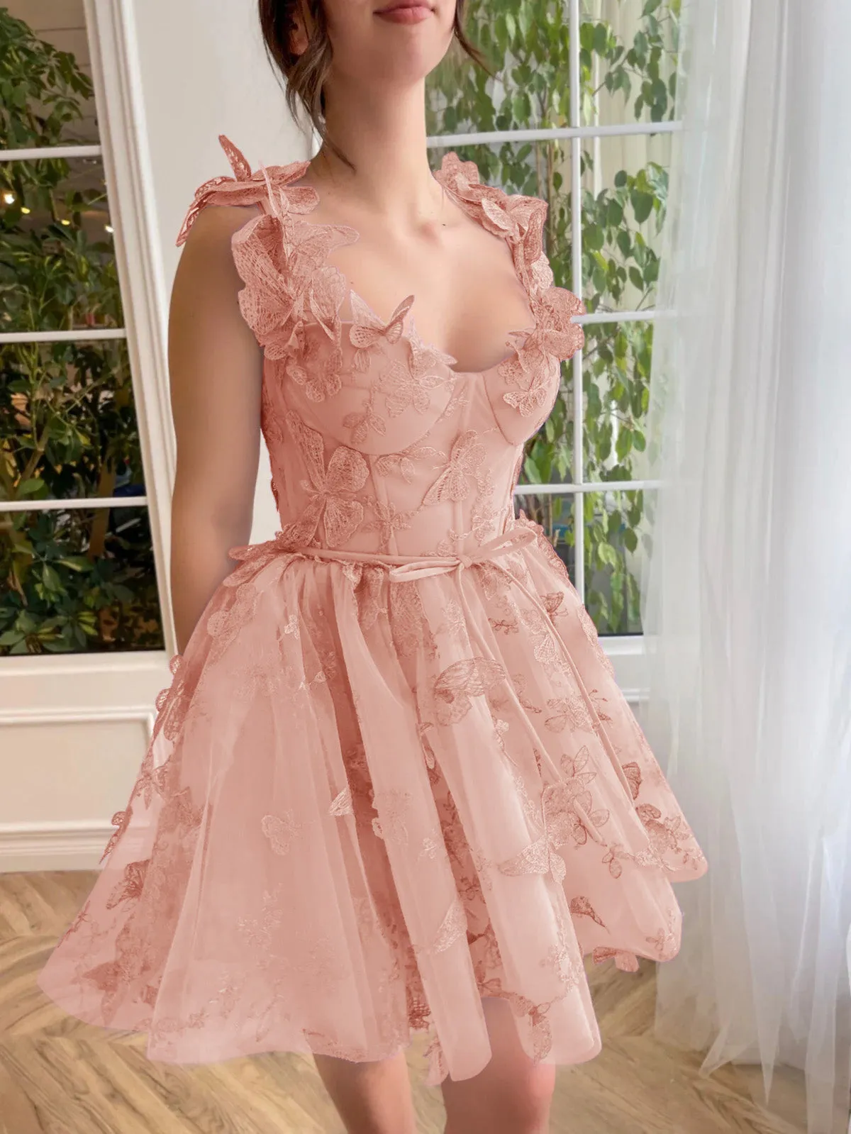 Aline Short Tulle Prom Dress with 3D Butterflies