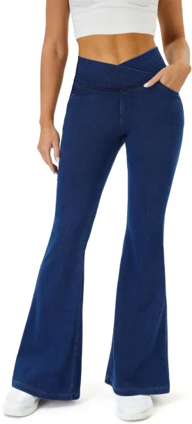 Bell Bottom Jeans for Women Trendy High Waisted Crossover Stretchy Jeans Flare Leggings with Pockets Y2k Jeggings