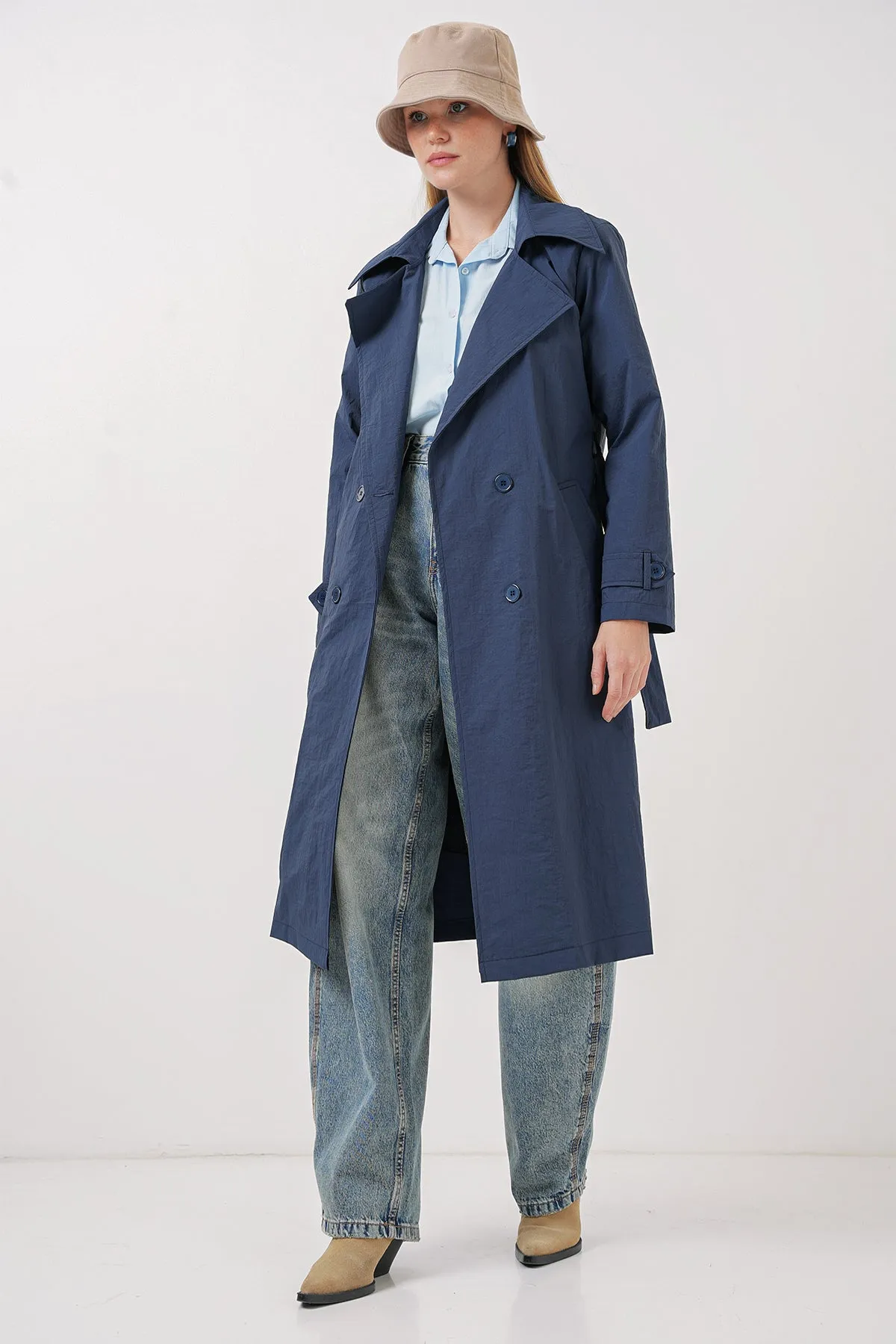 BGD Women Double-Breasted Trench Coat - Navy Blue - Papenburg