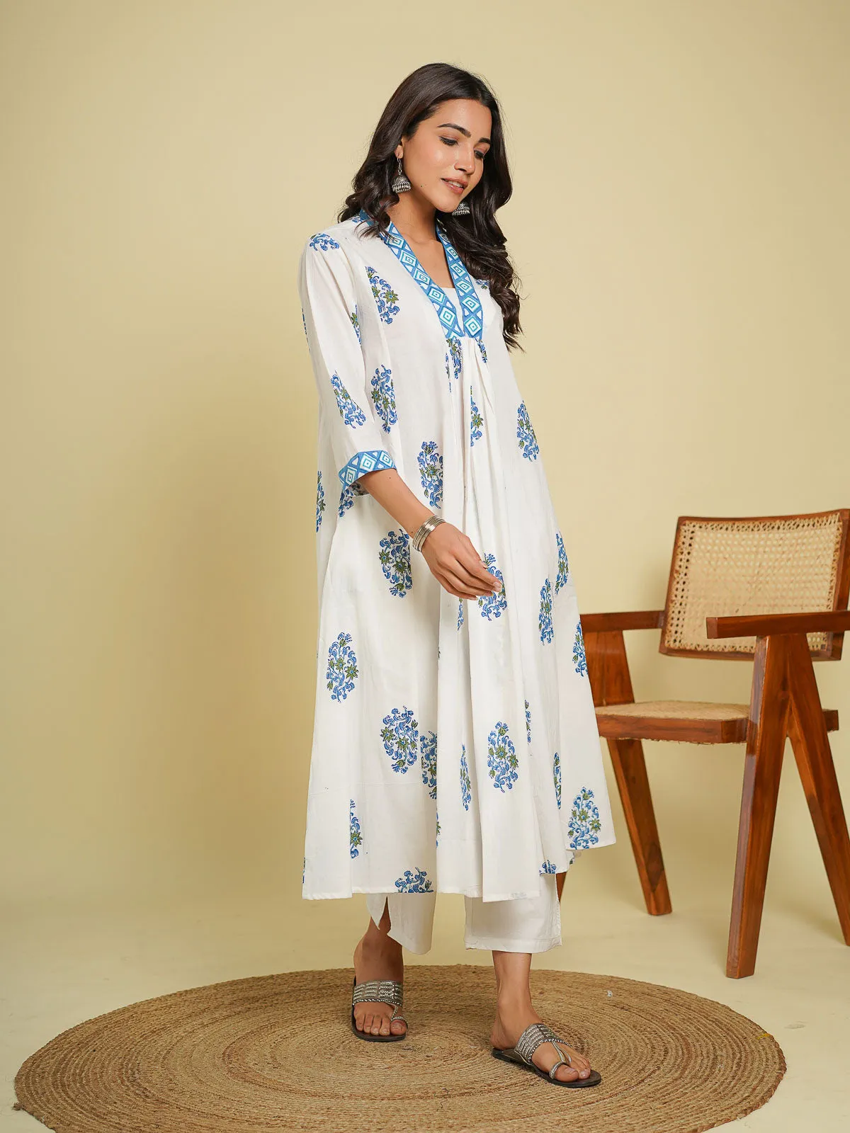 Block-Printed A-Line Cotton Mughal Dress Sky Blue
