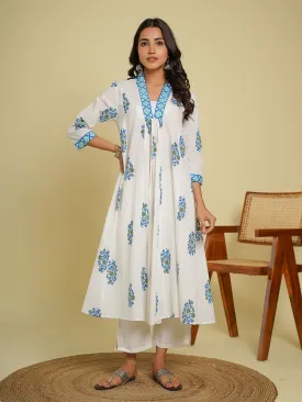 Block-Printed A-Line Cotton Mughal Dress Sky Blue