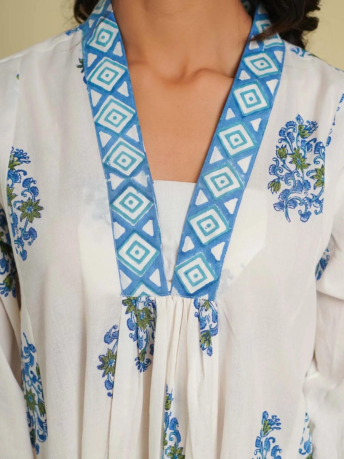 Block-Printed A-Line Cotton Mughal Dress Sky Blue