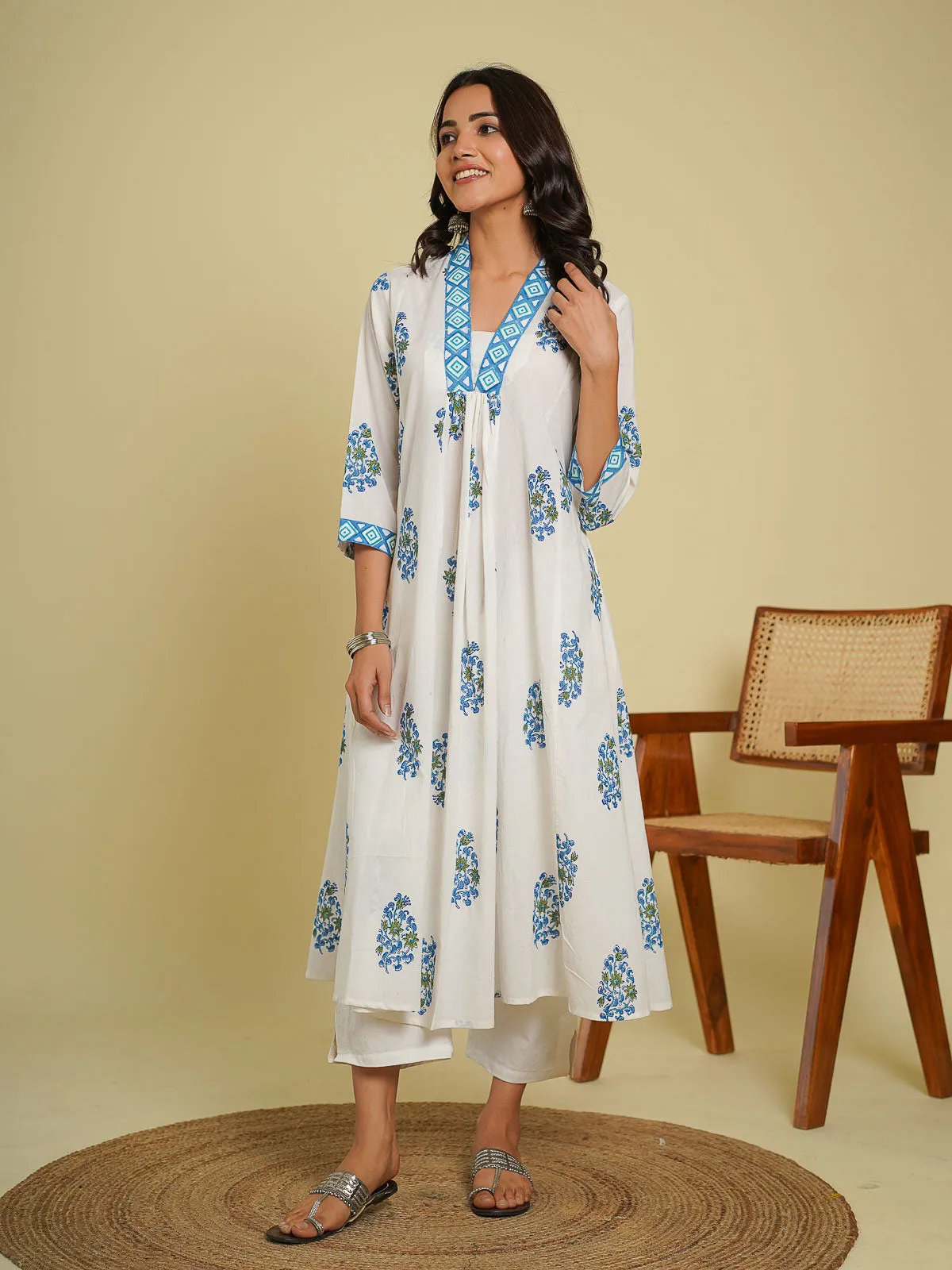 Block-Printed A-Line Cotton Mughal Dress Sky Blue