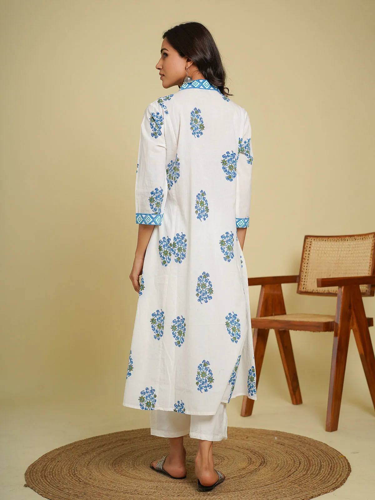Block-Printed A-Line Cotton Mughal Dress Sky Blue