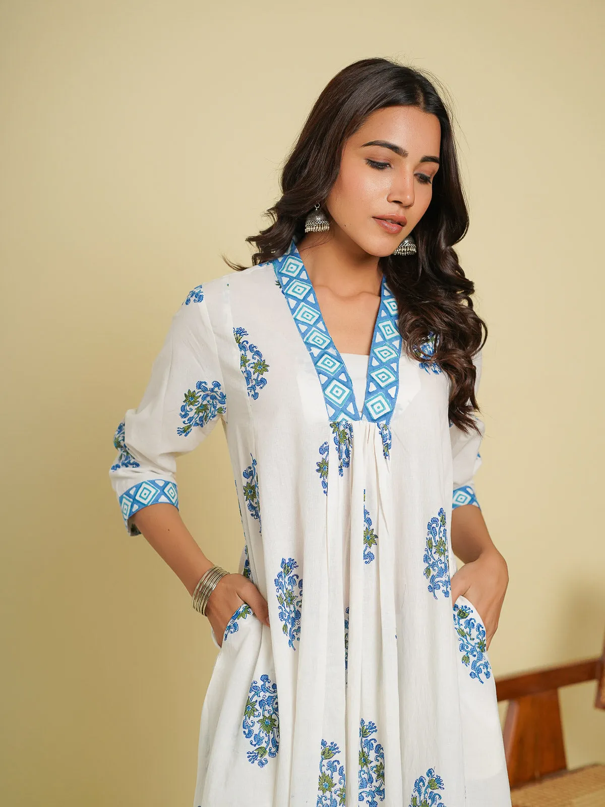 Block-Printed A-Line Cotton Mughal Dress Sky Blue