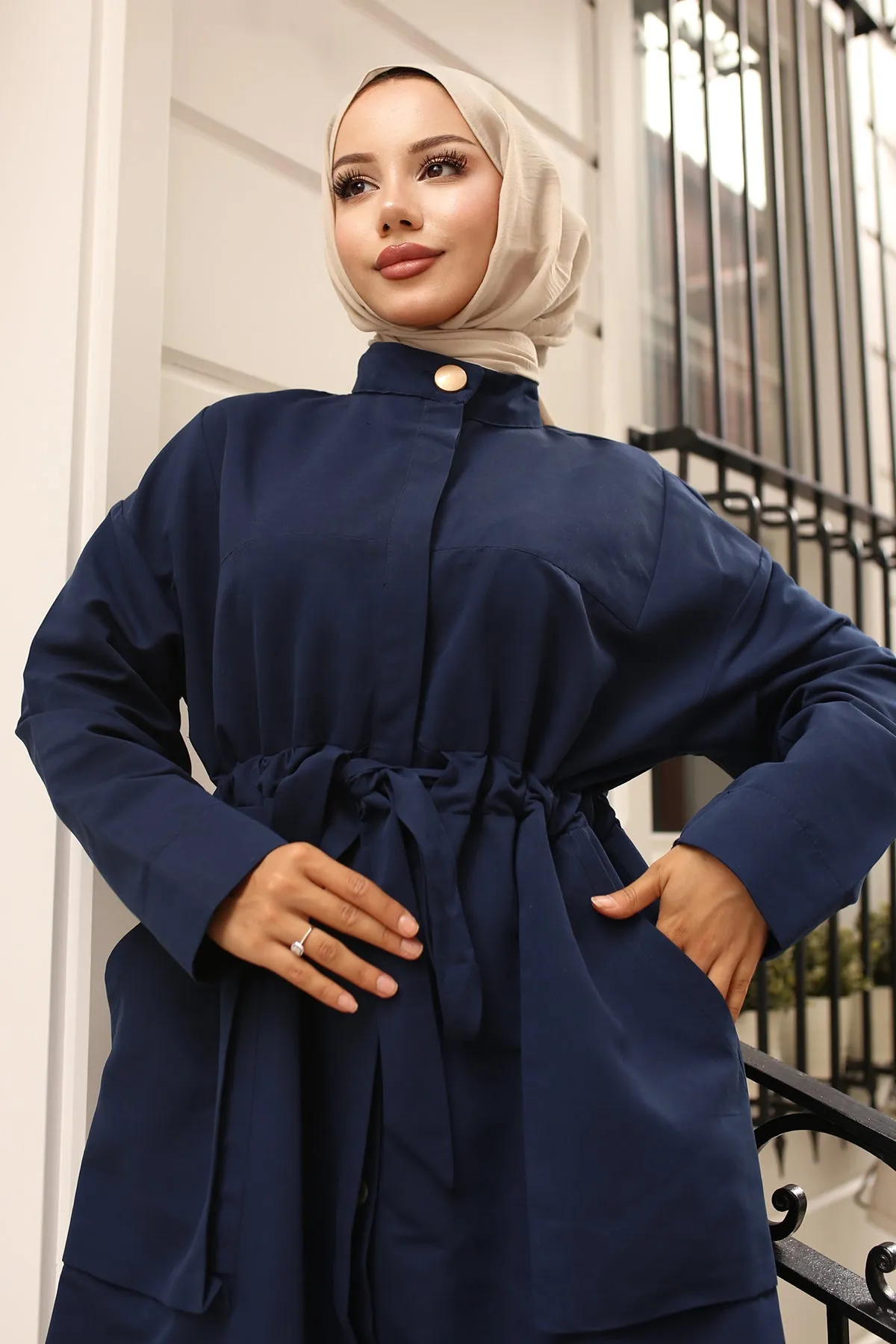 BNG Women Navy Trench Coat with Collar Button Detail and Belt - Tres Valles