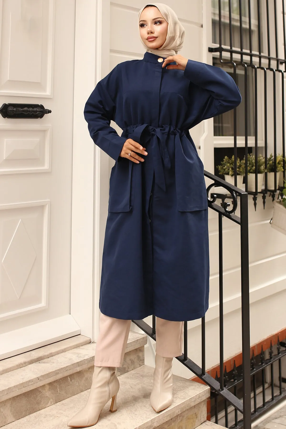 BNG Women Navy Trench Coat with Collar Button Detail and Belt - Tres Valles