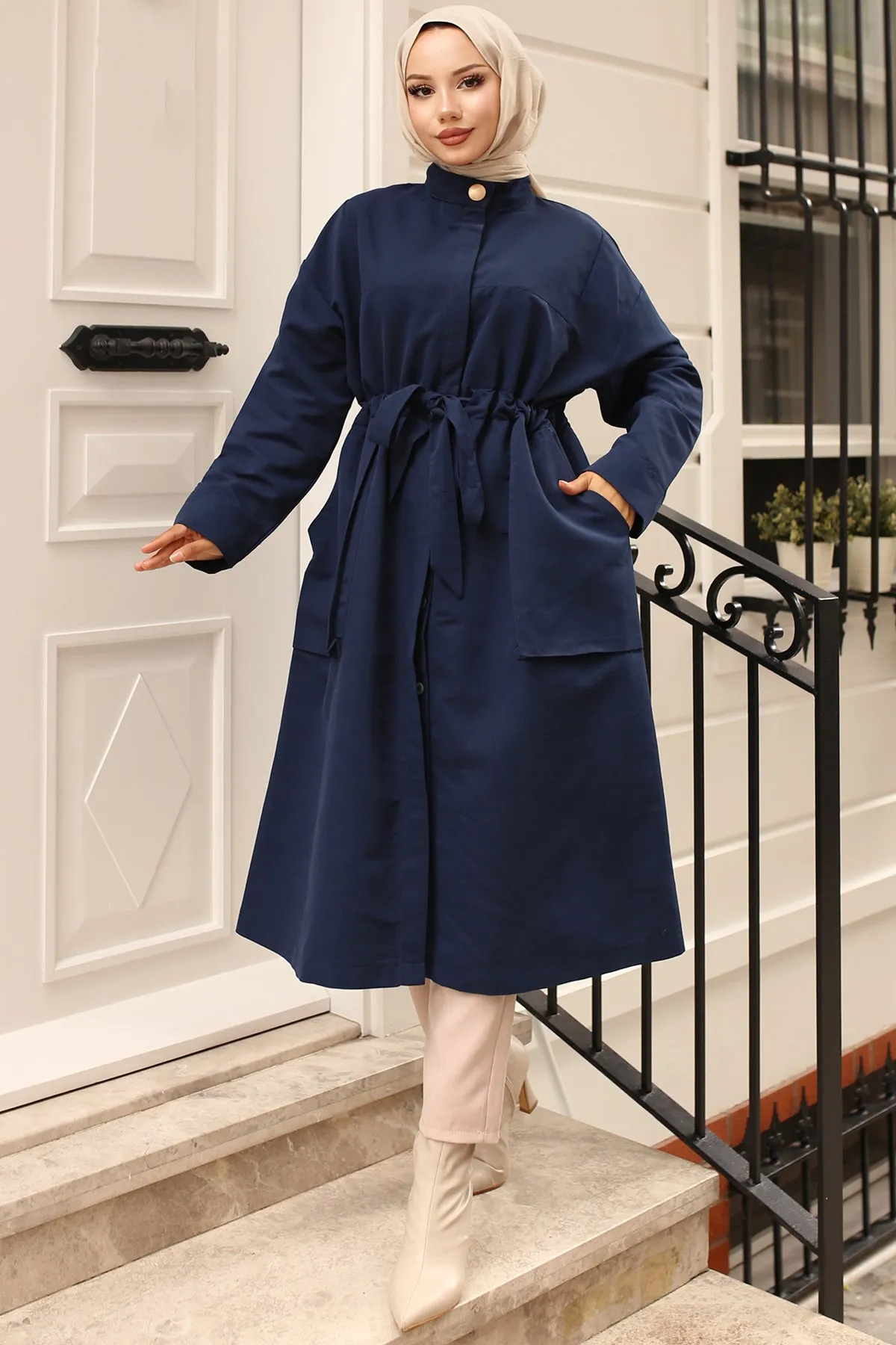 BNG Women Navy Trench Coat with Collar Button Detail and Belt - Tres Valles