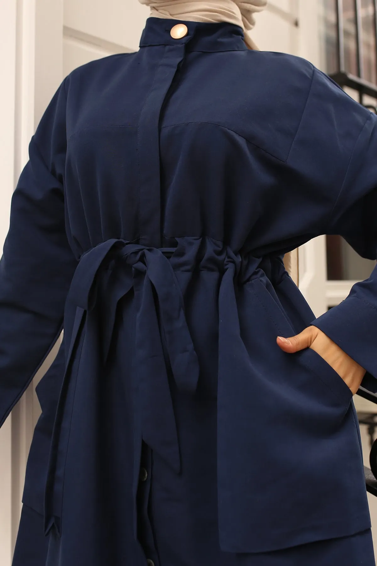 BNG Women Navy Trench Coat with Collar Button Detail and Belt - Tres Valles
