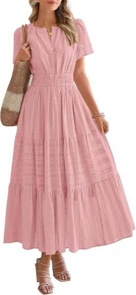 BTFBM Womens Summer 2025 Casual Midi Maxi Dresses Lightweight Short Sleeve V Neck Elastic Waist Boho Beach Dress Pockets