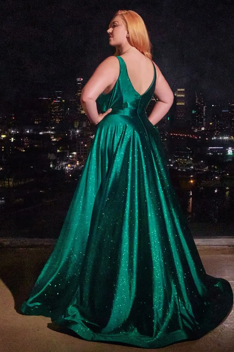 CD CC2349C - Plus Glitter Stretch Satin A-Line Prom Gown with Plunging V-Neck & Leg Slit