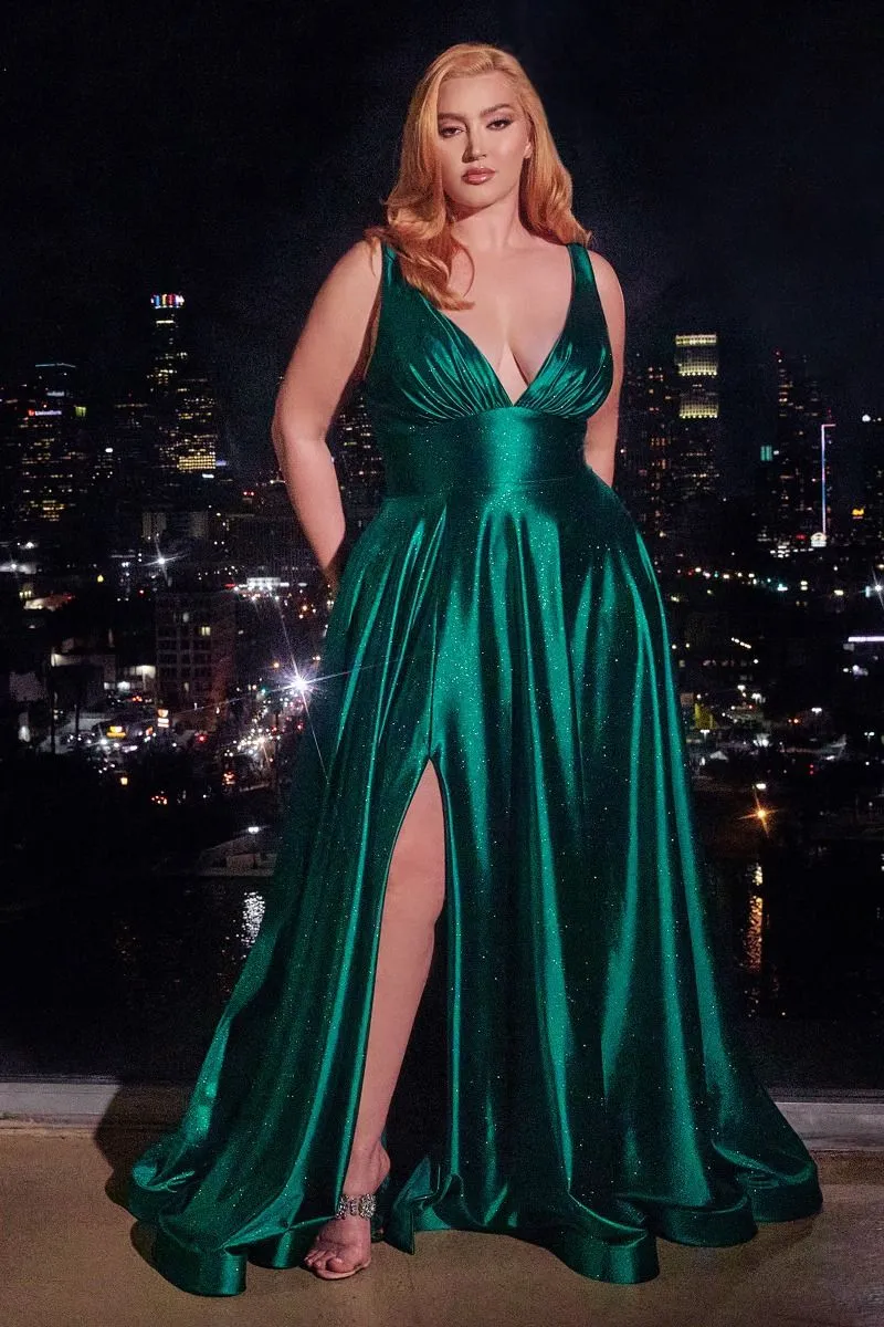 CD CC2349C - Plus Glitter Stretch Satin A-Line Prom Gown with Plunging V-Neck & Leg Slit
