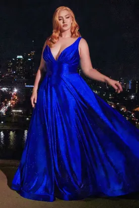 CD CC2349C - Plus Glitter Stretch Satin A-Line Prom Gown with Plunging V-Neck & Leg Slit