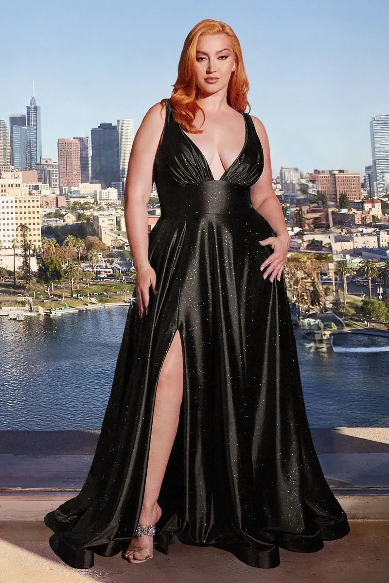 CD CC2349C - Plus Glitter Stretch Satin A-Line Prom Gown with Plunging V-Neck & Leg Slit