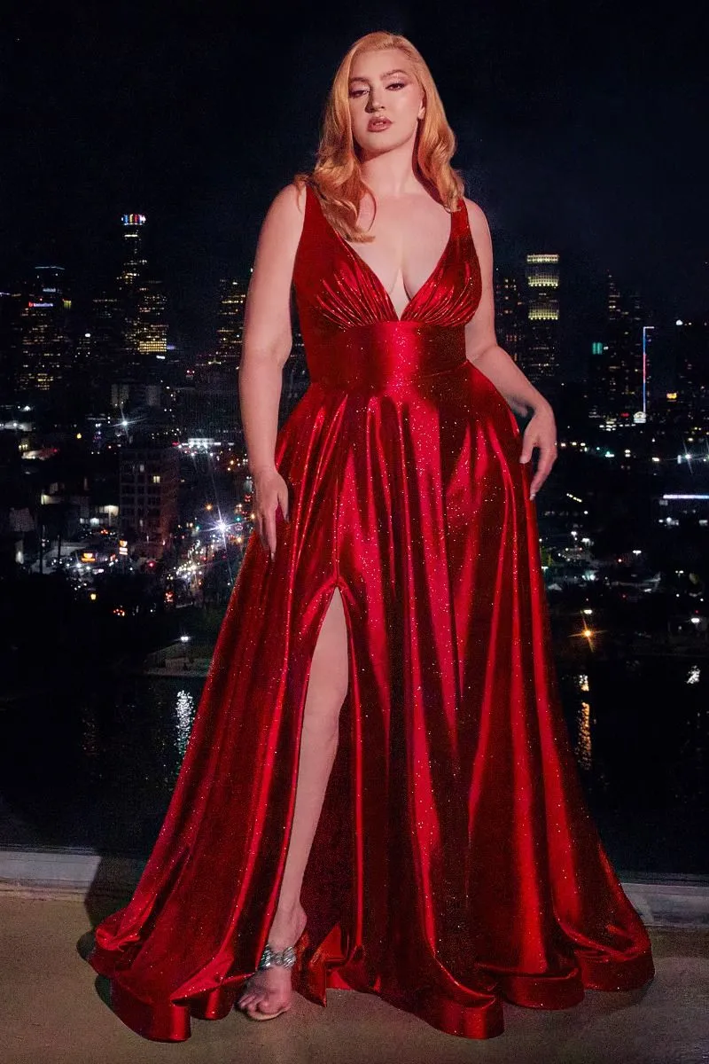 CD CC2349C - Plus Glitter Stretch Satin A-Line Prom Gown with Plunging V-Neck & Leg Slit