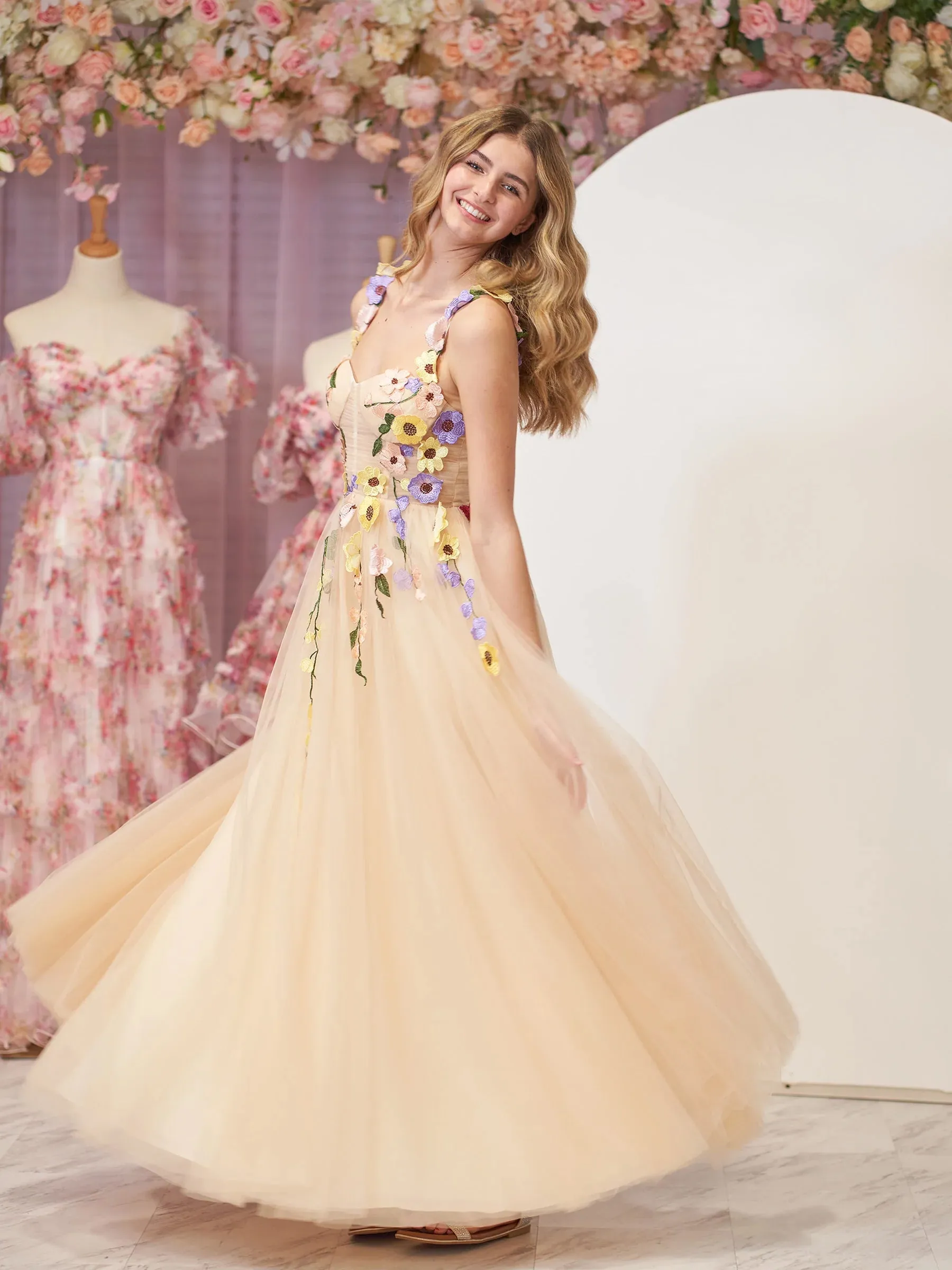 Champagne A-Line Corset Midi Prom Dress with 3D Flowers