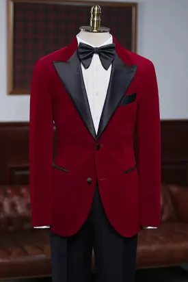 Colin Fashion Burgundy Peaked Lapel Velvet Men's Prom Suit