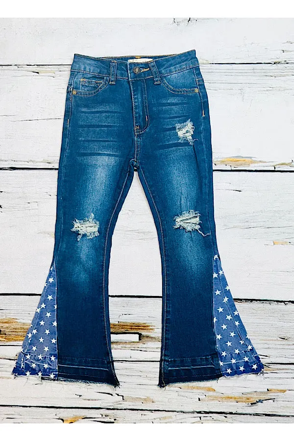 Dark blue distressed denim bell bottoms w/stars SP-C001