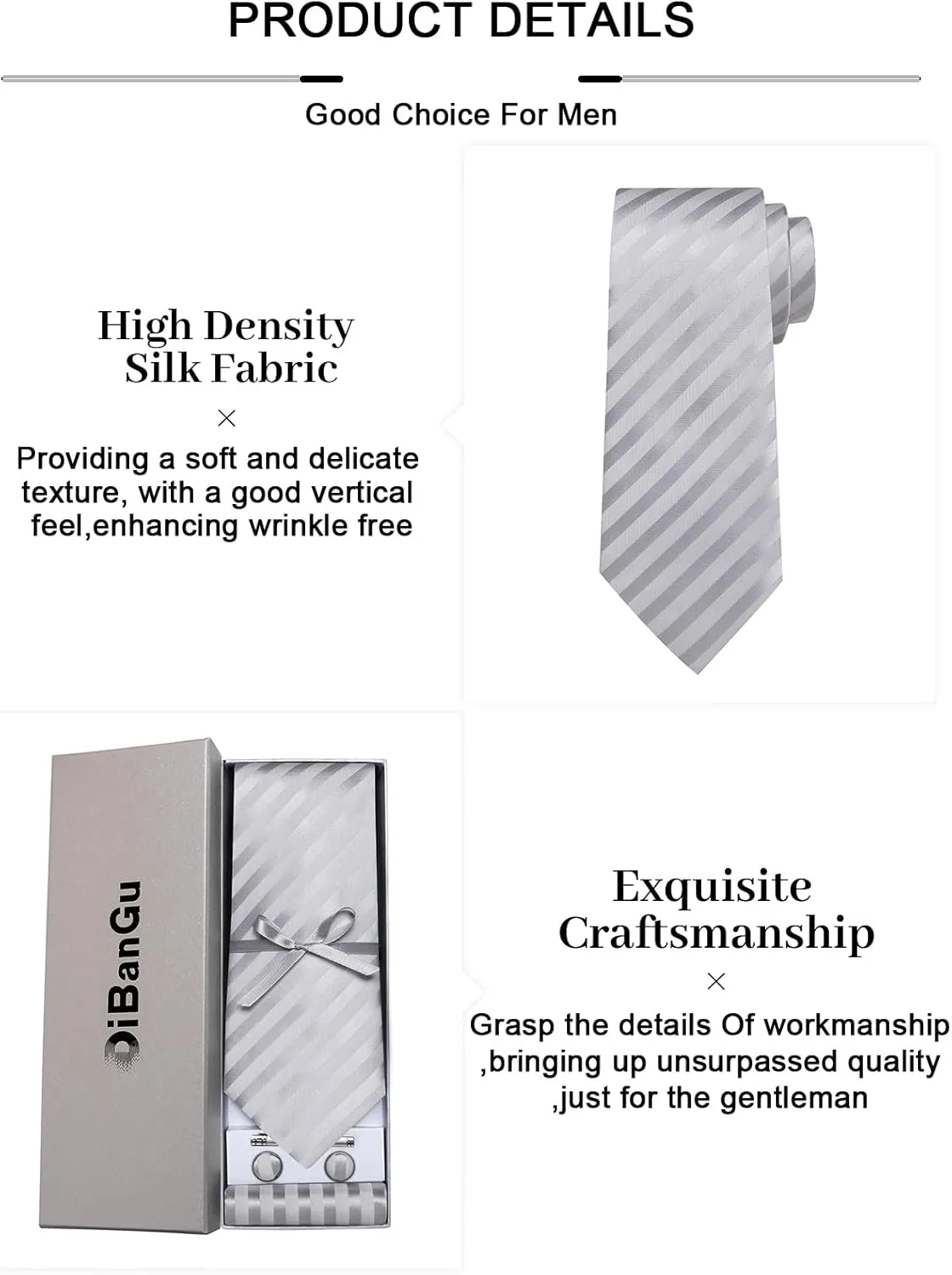 DiBanGu Mens Silk Necktie Solid Color Tie and Pocket Square Cufflink Tie Clip Set Woven Plain Ties for Men Wedding Party