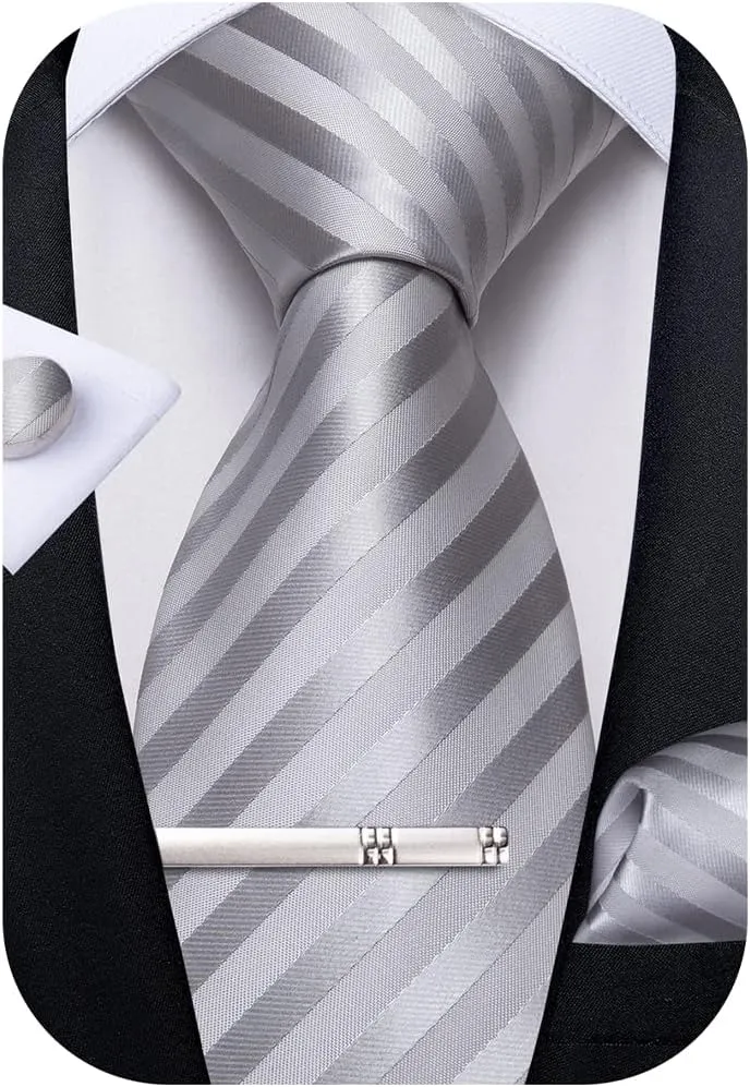 DiBanGu Mens Silk Necktie Solid Color Tie and Pocket Square Cufflink Tie Clip Set Woven Plain Ties for Men Wedding Party
