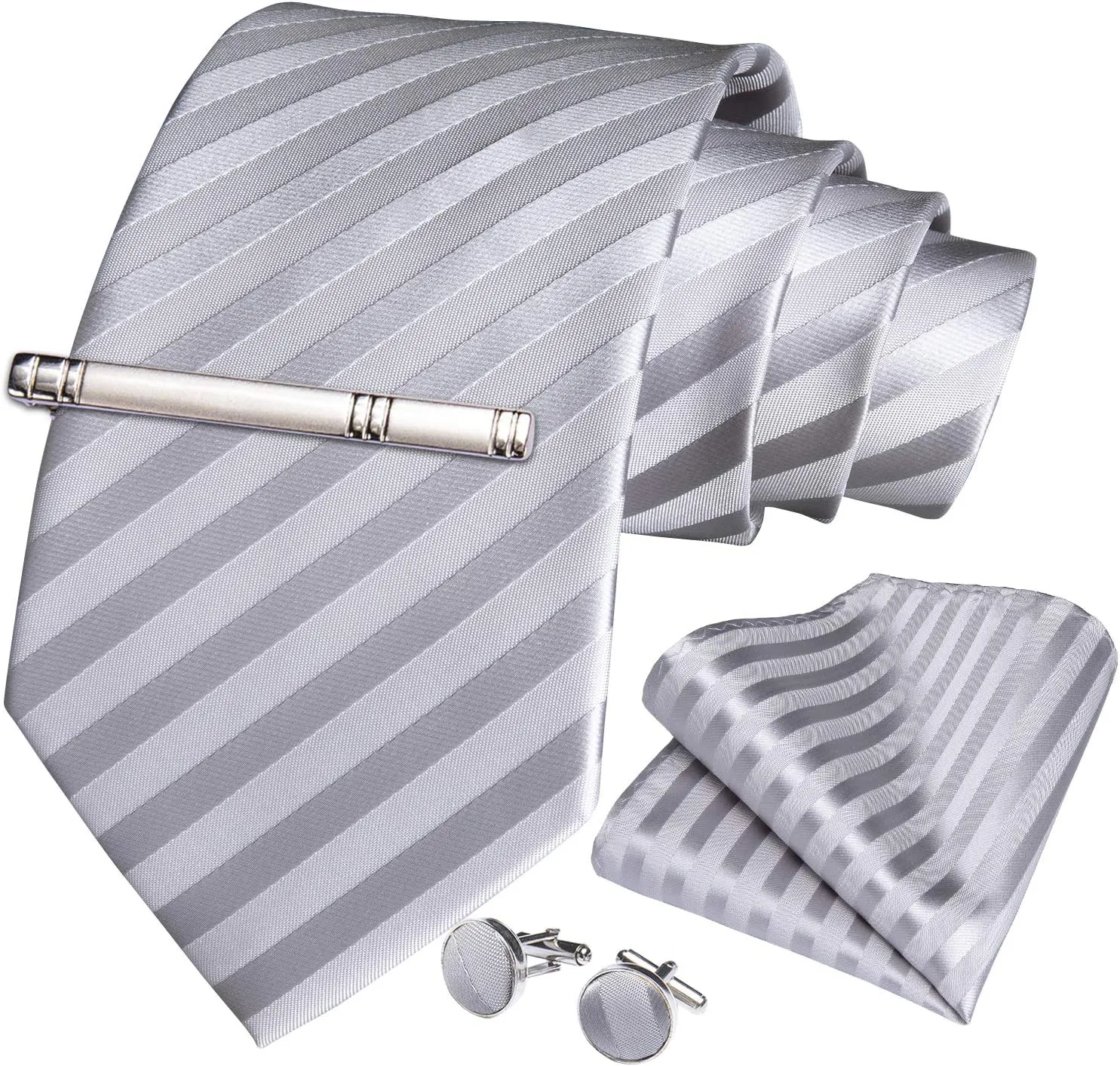 DiBanGu Mens Silk Necktie Solid Color Tie and Pocket Square Cufflink Tie Clip Set Woven Plain Ties for Men Wedding Party