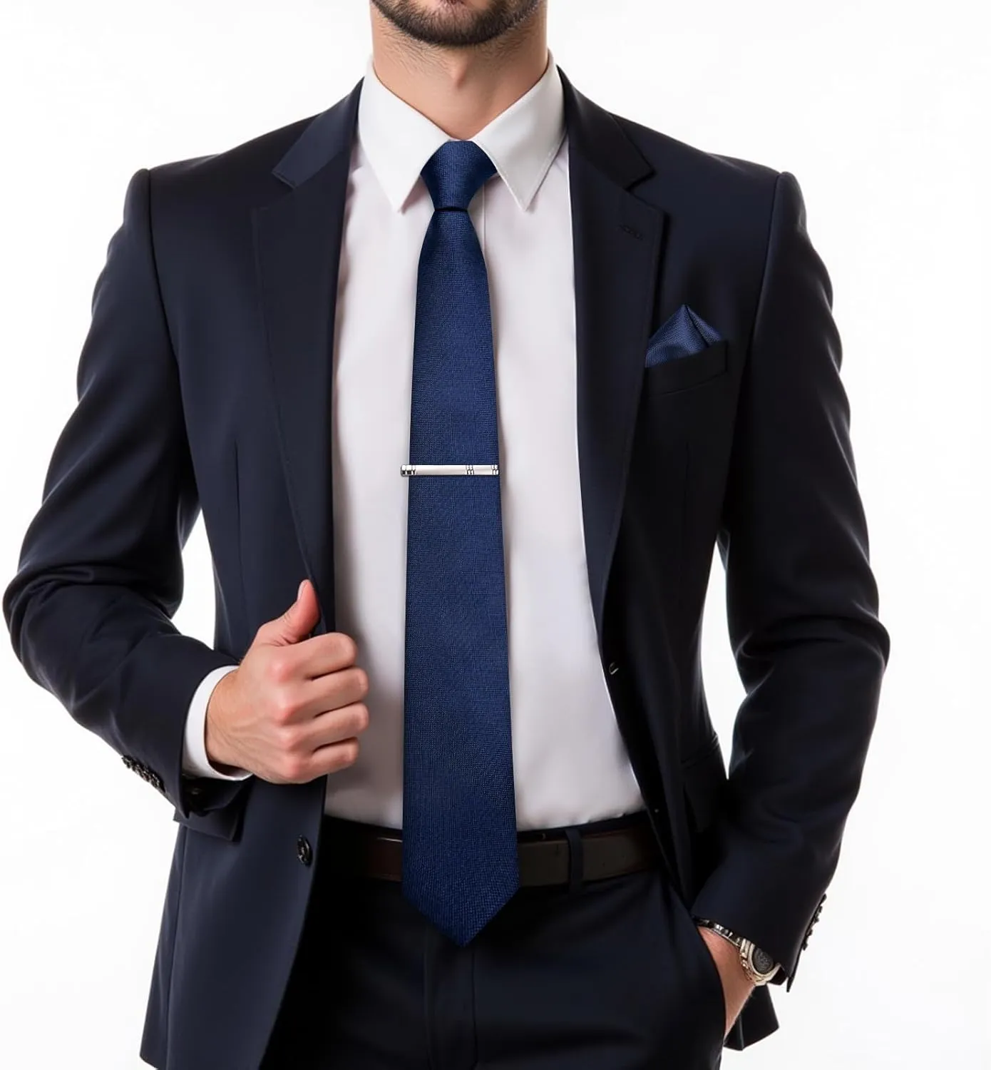 DiBanGu Mens Silk Necktie Solid Color Tie and Pocket Square Cufflink Tie Clip Set Woven Plain Ties for Men Wedding Party