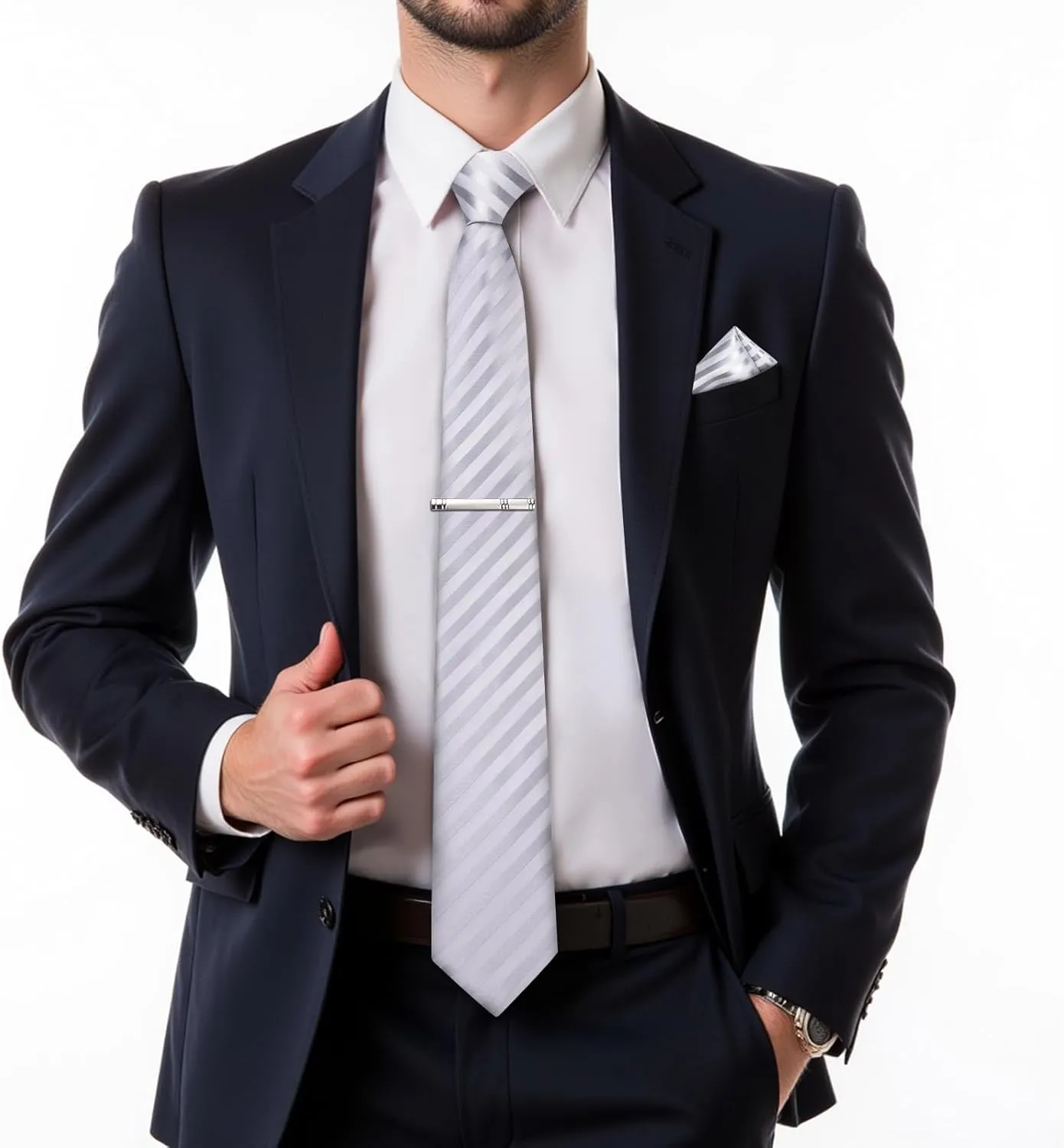 DiBanGu Mens Silk Necktie Solid Color Tie and Pocket Square Cufflink Tie Clip Set Woven Plain Ties for Men Wedding Party