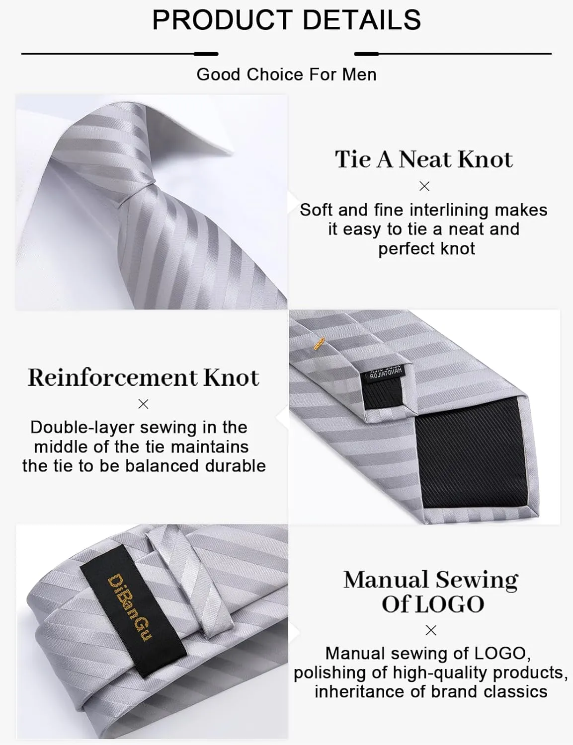 DiBanGu Mens Silk Necktie Solid Color Tie and Pocket Square Cufflink Tie Clip Set Woven Plain Ties for Men Wedding Party