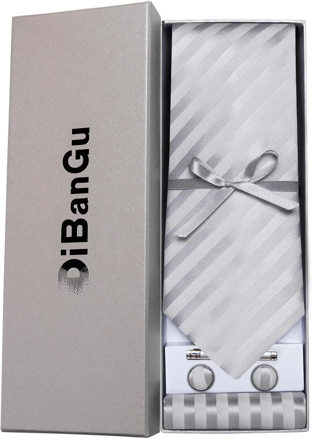 DiBanGu Mens Silk Necktie Solid Color Tie and Pocket Square Cufflink Tie Clip Set Woven Plain Ties for Men Wedding Party