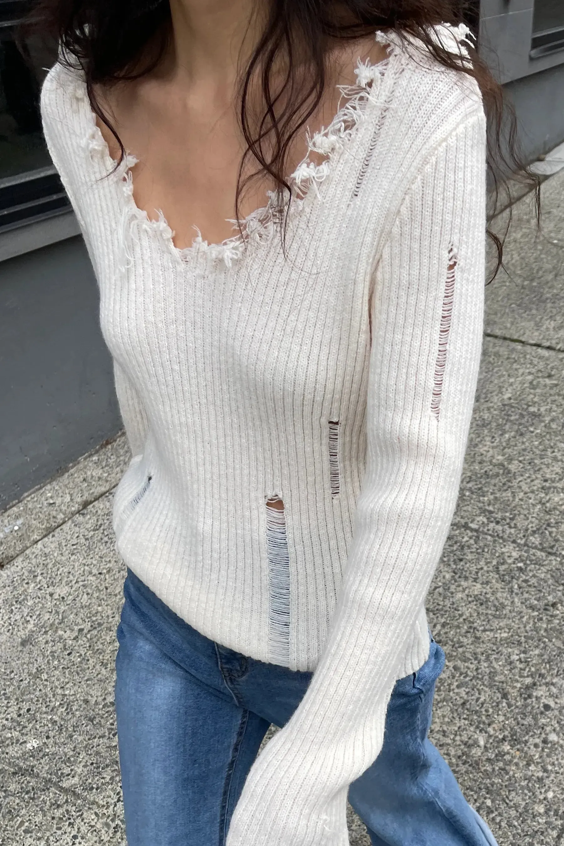 Distressed V- neck Sweater