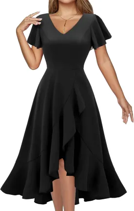 DRESSTELLS Women's Cocktail Dresses 2025, Formal Wedding Guest Ruffle Prom Party Evening Dress V-Neck Vintage Dress