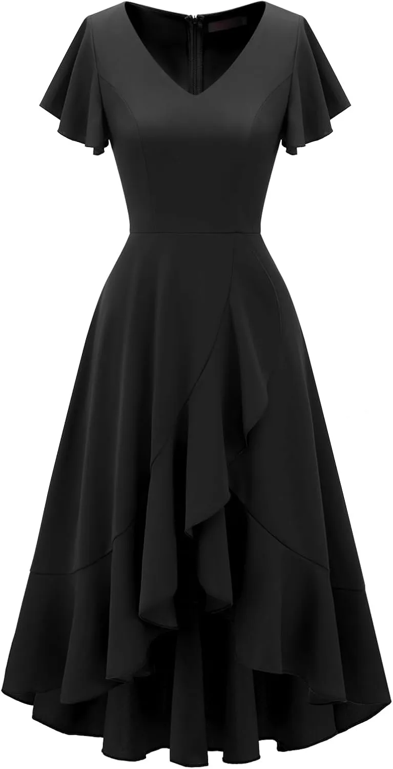DRESSTELLS Women's Cocktail Dresses 2025, Formal Wedding Guest Ruffle Prom Party Evening Dress V-Neck Vintage Dress