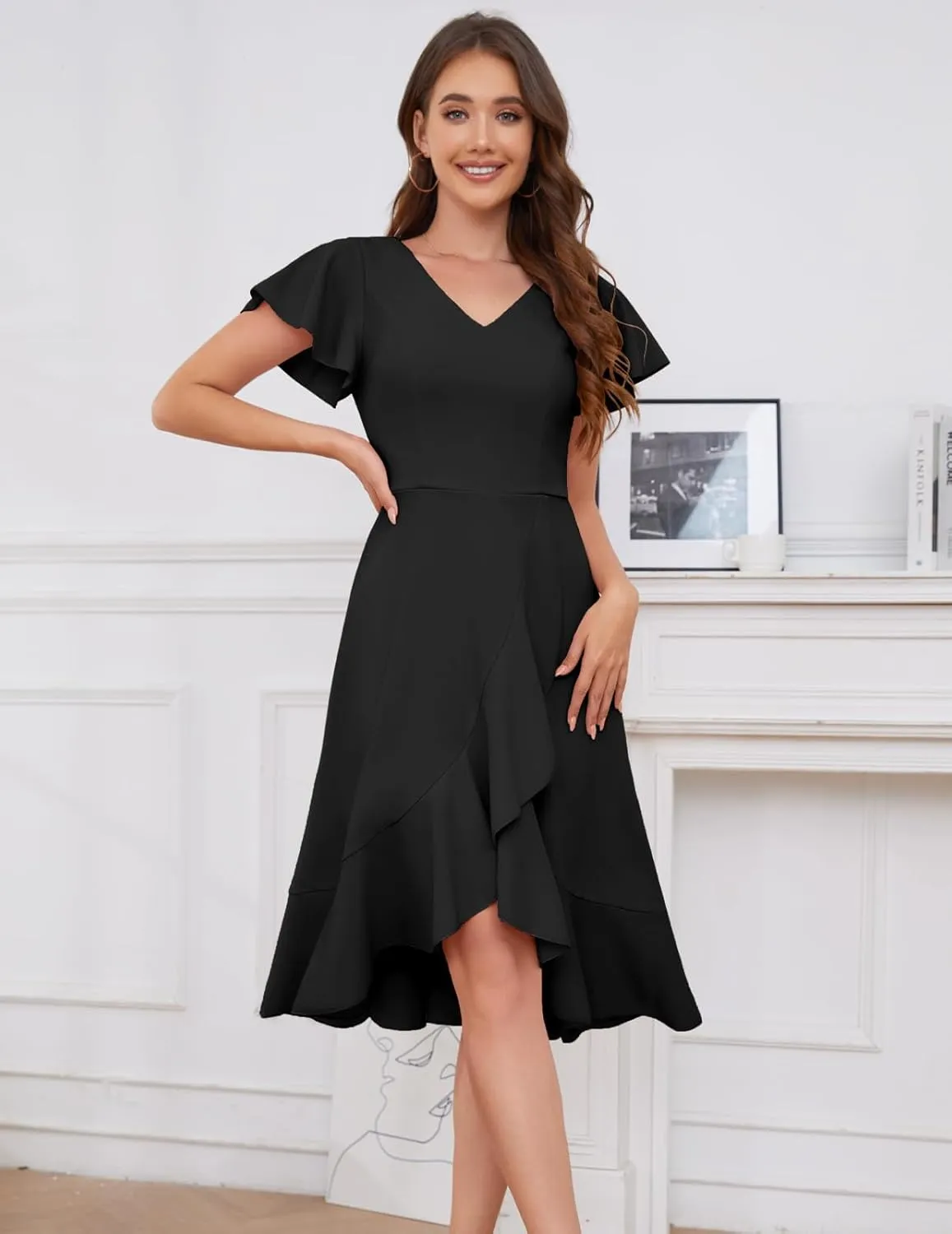 DRESSTELLS Women's Cocktail Dresses 2025, Formal Wedding Guest Ruffle Prom Party Evening Dress V-Neck Vintage Dress