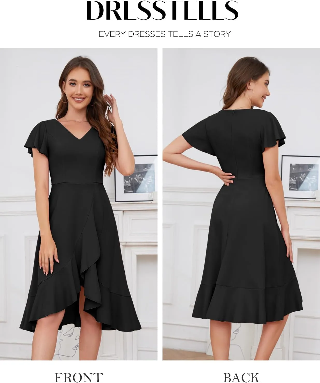 DRESSTELLS Women's Cocktail Dresses 2025, Formal Wedding Guest Ruffle Prom Party Evening Dress V-Neck Vintage Dress