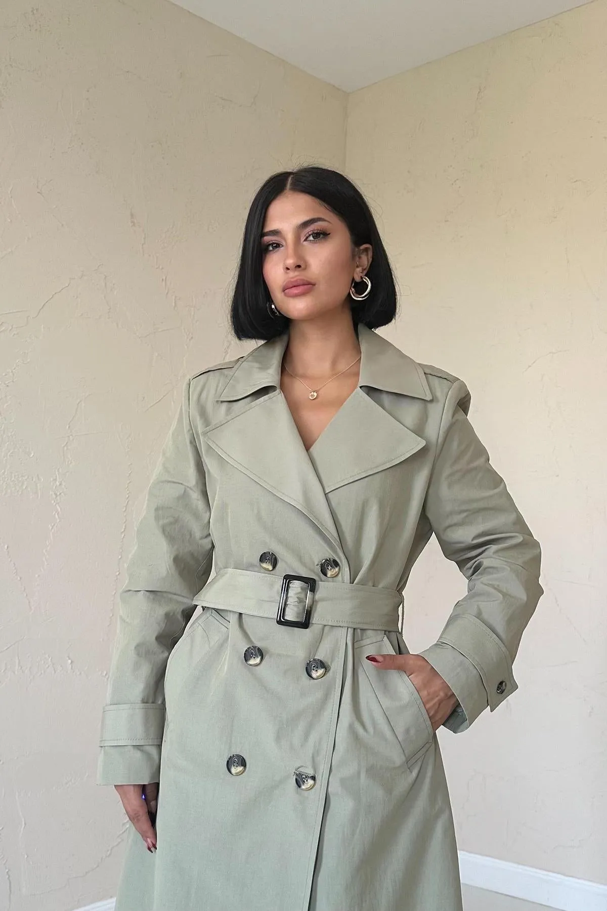 ELS Long Belted Trench Coat - Khaki - Ciudad Guzmán